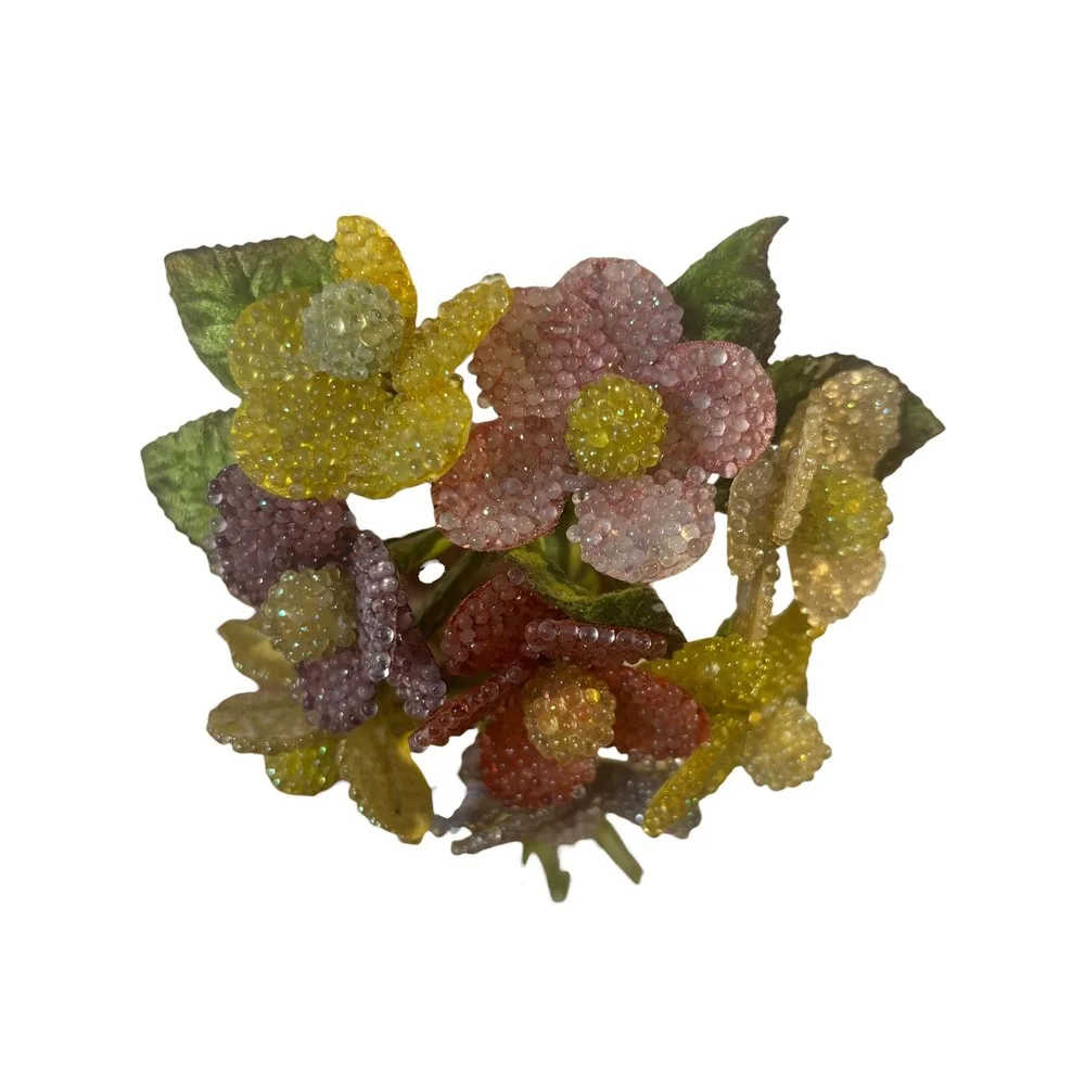 Vintage Beaded Sugared Floral Millinery Bouquet Yellow Lavender Red Flowers